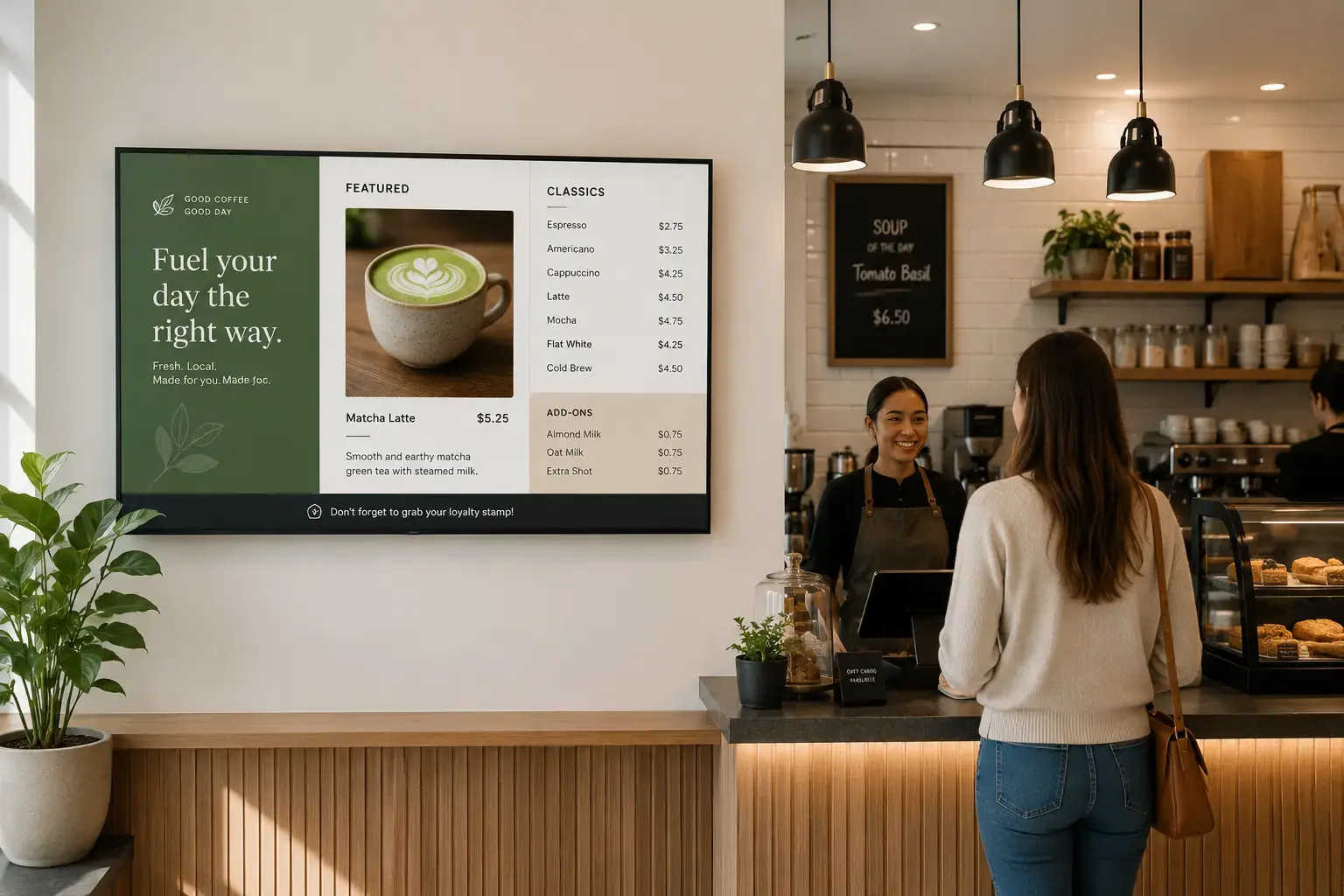 Disflay digital menu board in a restaurant showing daily specials