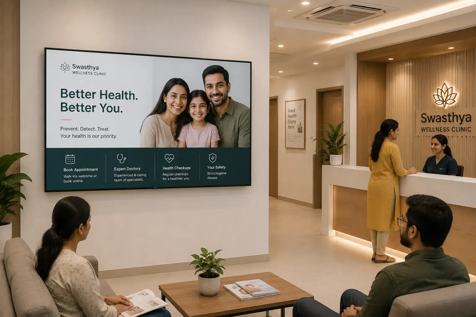 Disflay digital signage in a clinic showing doctor availability
